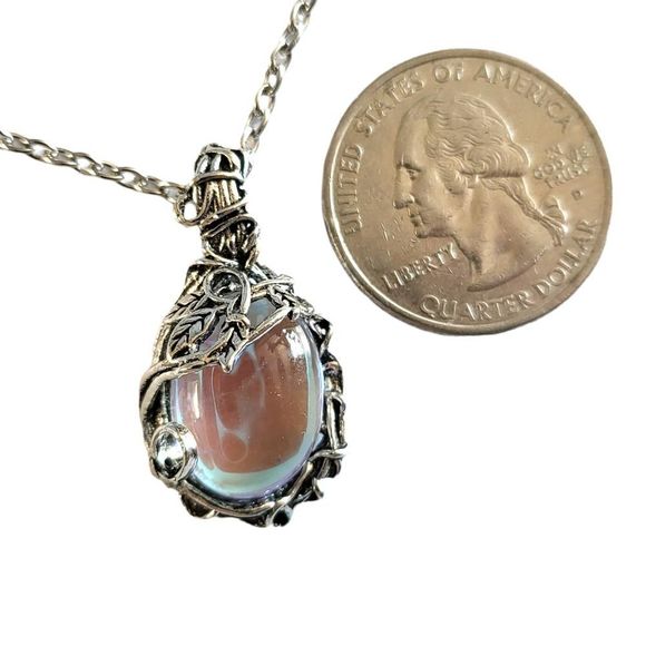 Antiqued Silver Tone Free Form Oval Cabochon Iridescent Crystal Pendant 18" - Picture 2 of 4